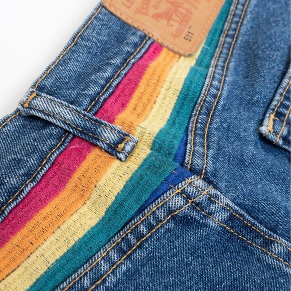 Levis 511 Shorts Blue Denim Pride Rainbow Stonewall Raw Hem Embroidered Size 30 - Picture 9 of 14